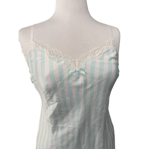 Victorias Secret Mini Slip Dress Chemise Lingerie Blue Stripe Satin Lace Small - Picture 2 of 9